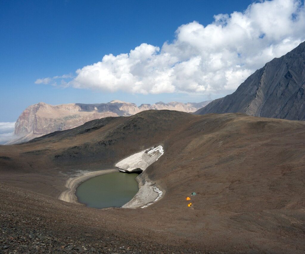 High camp by a small glacial lake on the summit ridge, right on the border of Azerbaijan and Russia’s Dagestan.