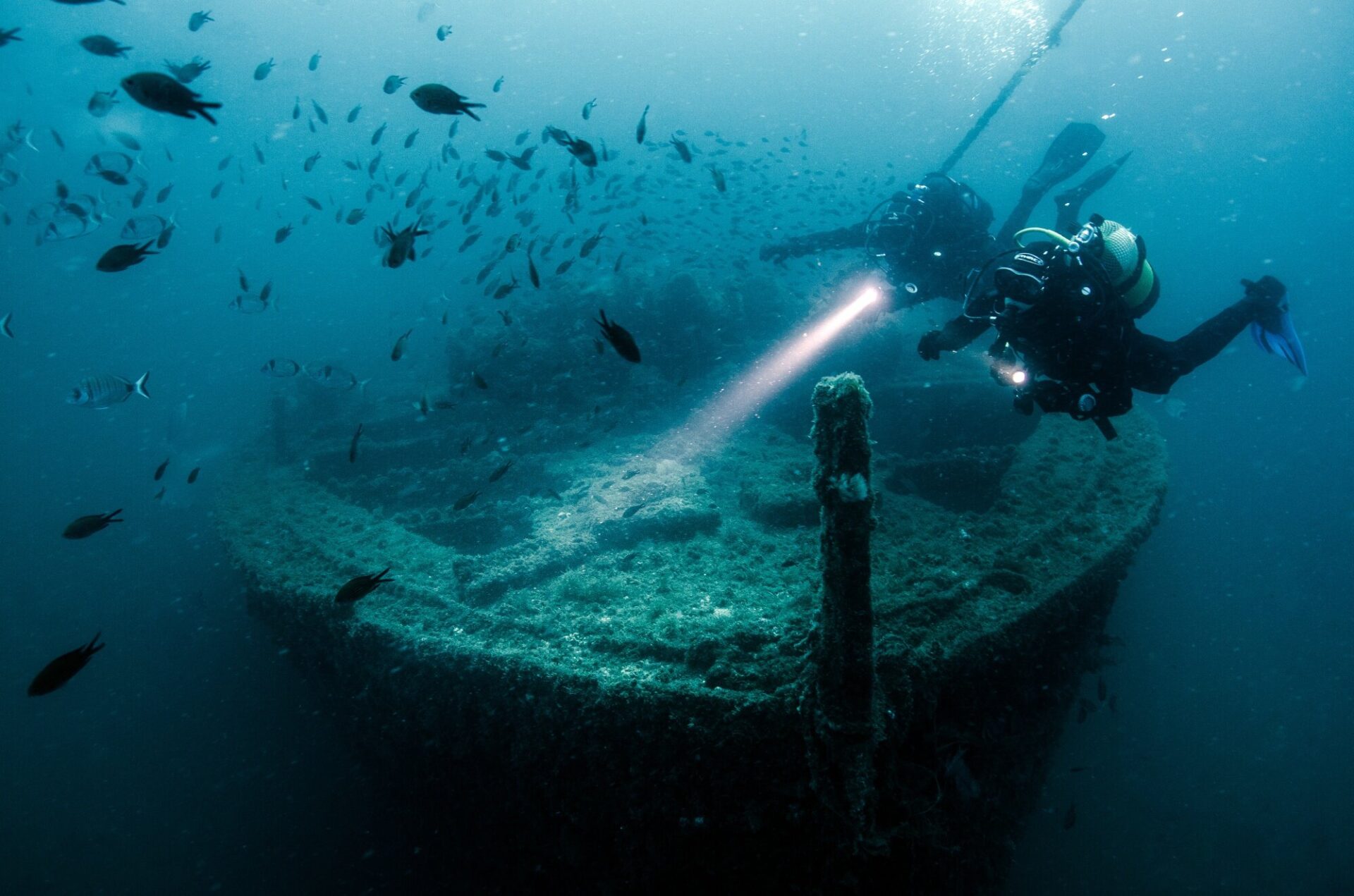Divers explore the wreck of the cargo ship dubbed ‘Naranjito’ off the south-eastern tip of Spain. The ship’s final cargo consisted of any thousands of oranges (hence its nickname) which violently shifted in a storm, causing the boat to list and take on water.