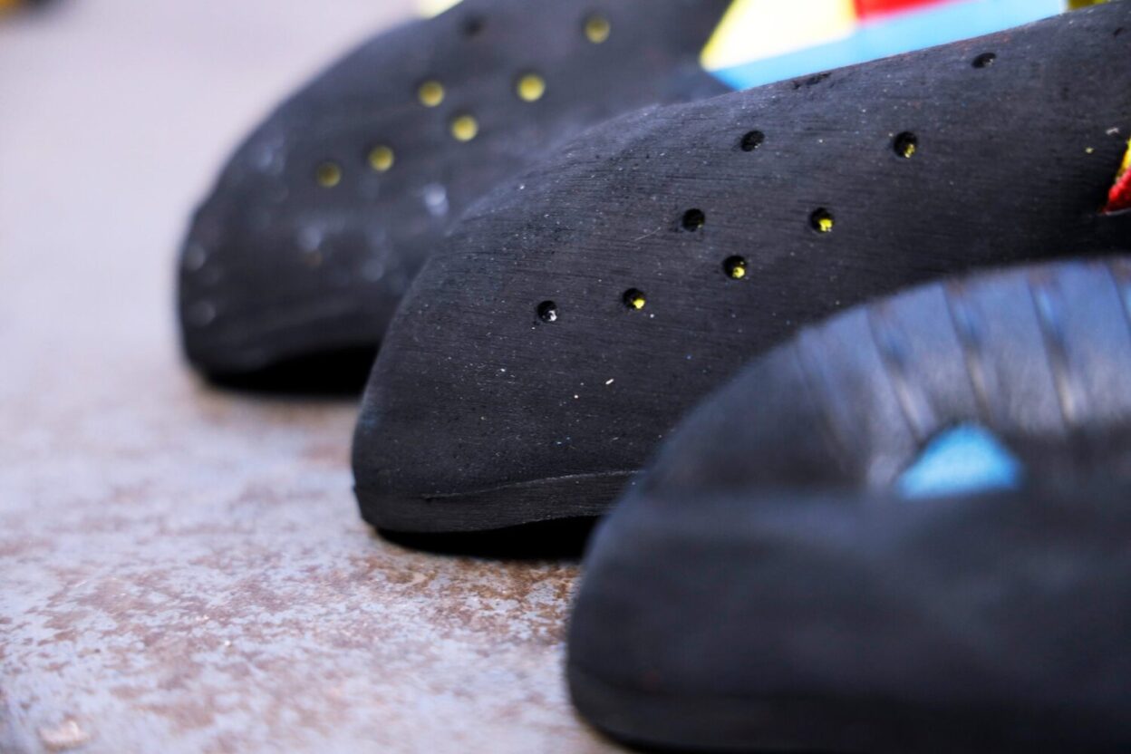 The Vibram ‘XS Grip2’ ribber soles and toe rands of the high performance Scarpa Chimera rock shoe.