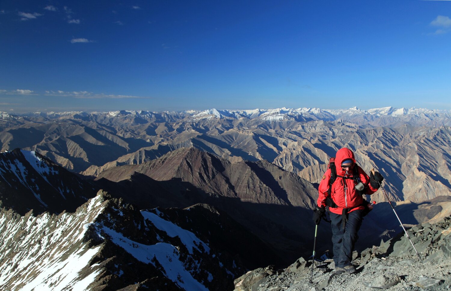 On the summit ridge of Stok Kangri (6,153 metres), one of the most popular non-technical mountaineering objectives in the region. The climb is achievable by most people with a reasonably good level of fitness and some experience of high altitude climbing or trekking.