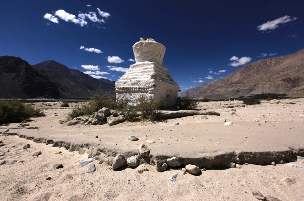 Chortans lie in the unique high altitude sand dunes of the Nubra valley, the next valley north of the Indus Valley and the gateway to the Karakoram region that borders India, China, and Pakistan.