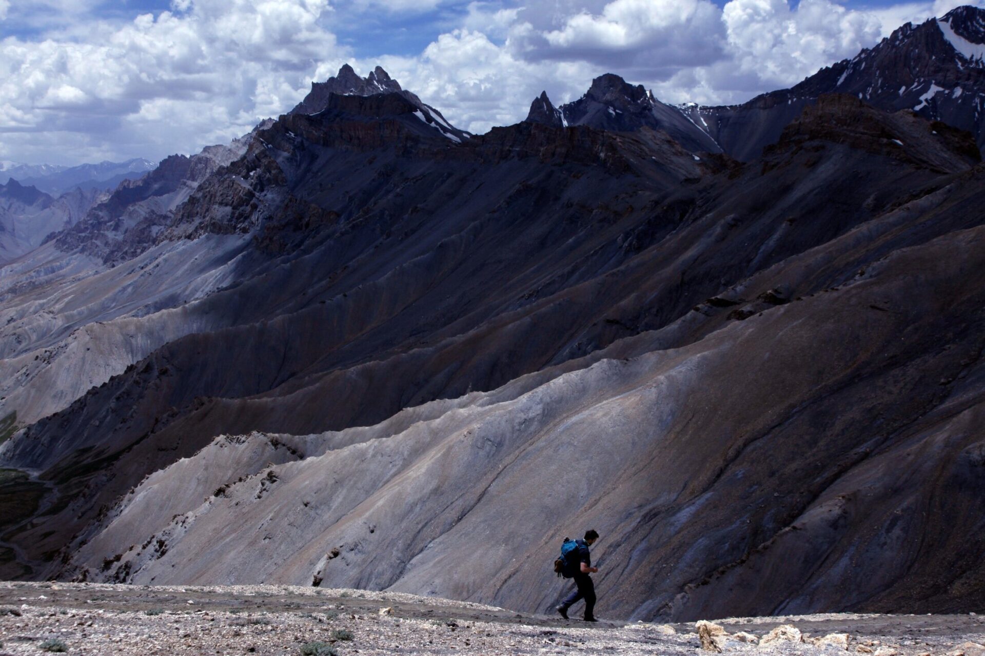Descending the trail from the Zalung Karpo La (c5200 metres) into the uninhabited valley and massive limestone canyon system below, Rupshu region.