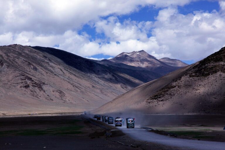 A convoy of trucks on the Manali-Leh highway, one of the highest-altitude highways in the world. The Kardung La Pass (5,359 m) linking Leh to the Nubra Valley to the north is the highest motorable road in India, and certainly one of the highest anywhere on Earth.