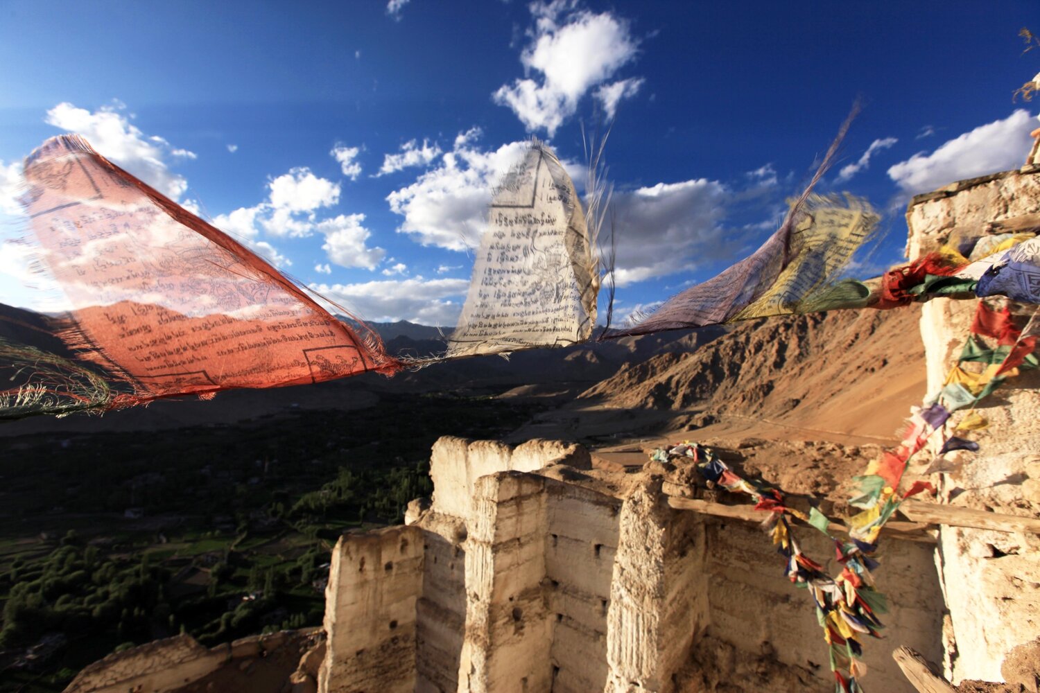 Prayer flags fly from the semi-ruined gompa (monastery) above Leh Palace, Indus Valley, Ladakh.