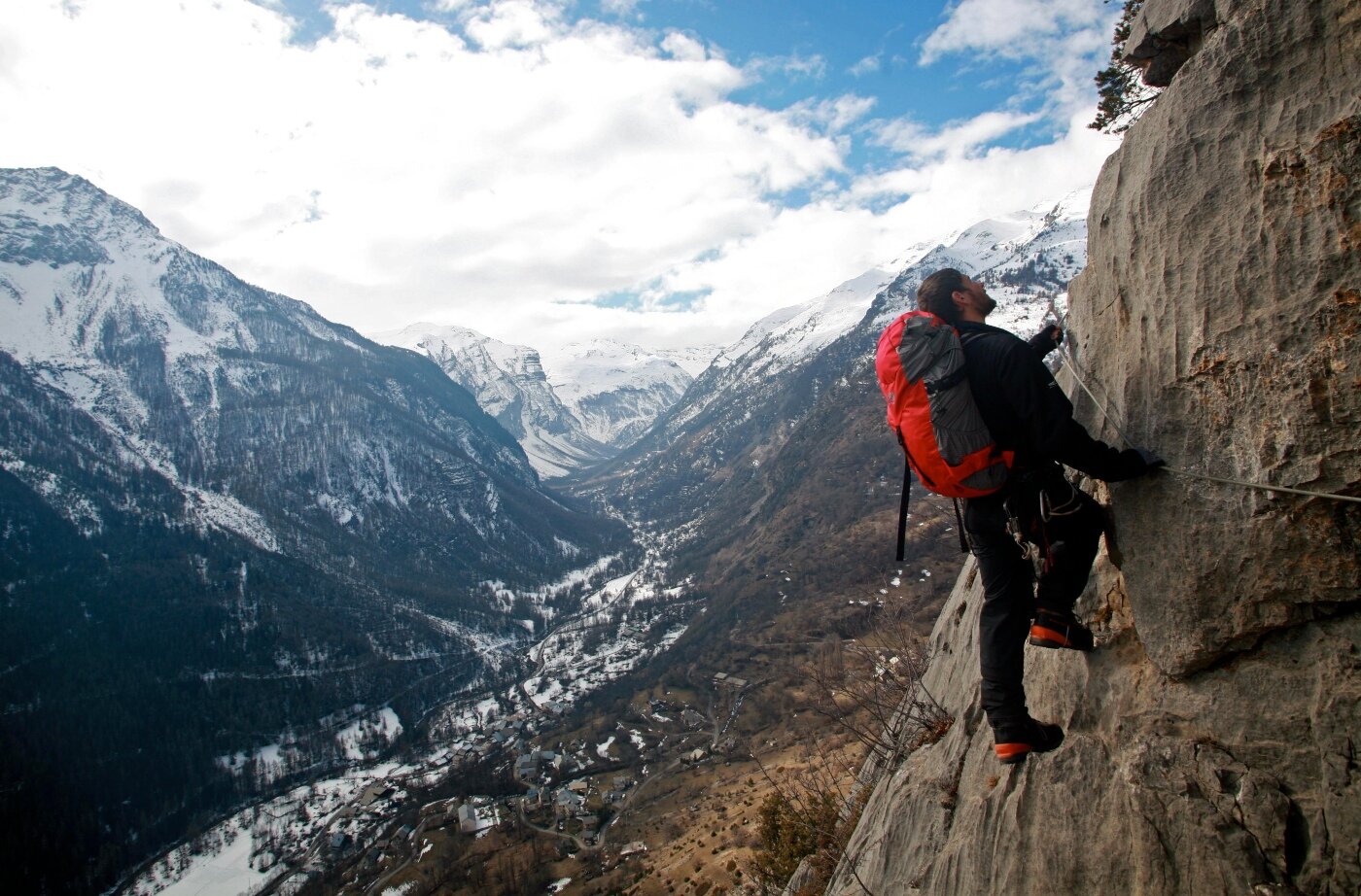 You might need a day off in a couple of weeks of hard ice climbing. Via ferrata is a great rest day activity, and the Ecrins is full of possible routes - such as this one, high above Vallouise with amazing views out towards Pointe de l’Aiglière and Mont Pelvoux to the north.