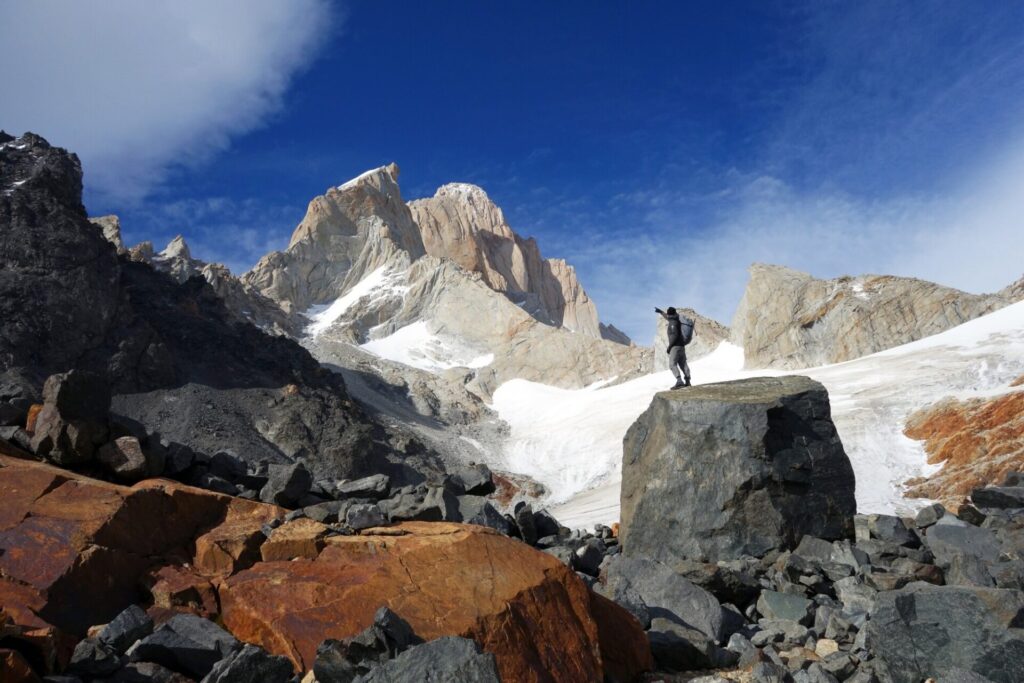 Looking up towards Cerro Fitz Roy from the Piedras Negras advance basecamp, high in the El Chalten massif in Argentine Patagonia. Expeditions in high altitude regions and cold environments require specific medical items, as do expeditions in jungles and tropical regions. © David Pickford