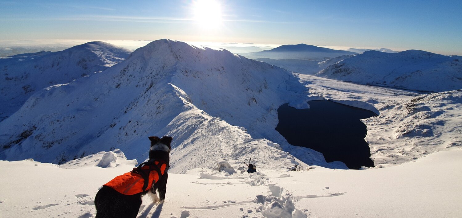 Milo looking back down the ridge of Pen yr Helgi Du in unbelievable sunshine. Conditions like this truly are once a decade, at best! Through the “season” (week) Milo sent all the lines we did, often with more style! © Dan Yates