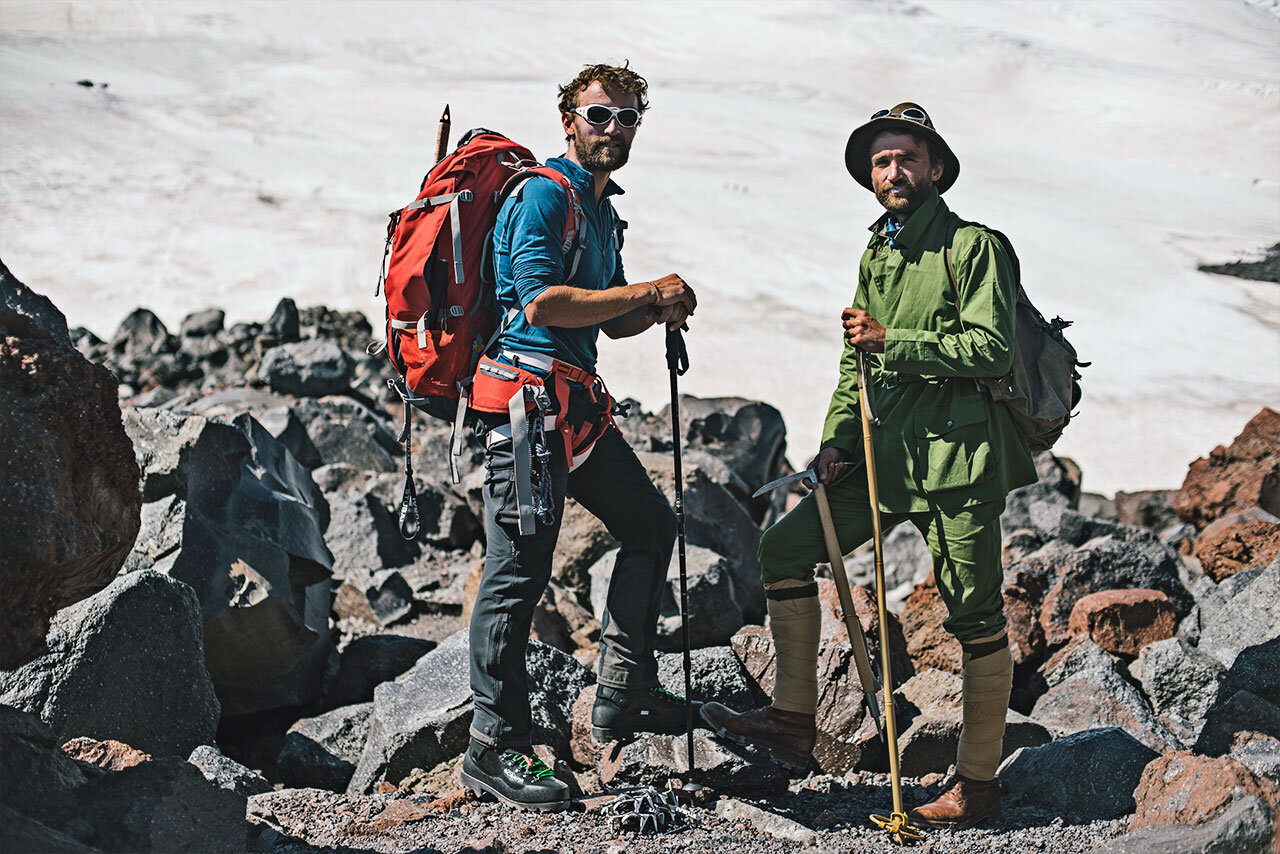 Hugo and Ross Turner wear examples of contemporary and old-fashioned mountaineering apparel