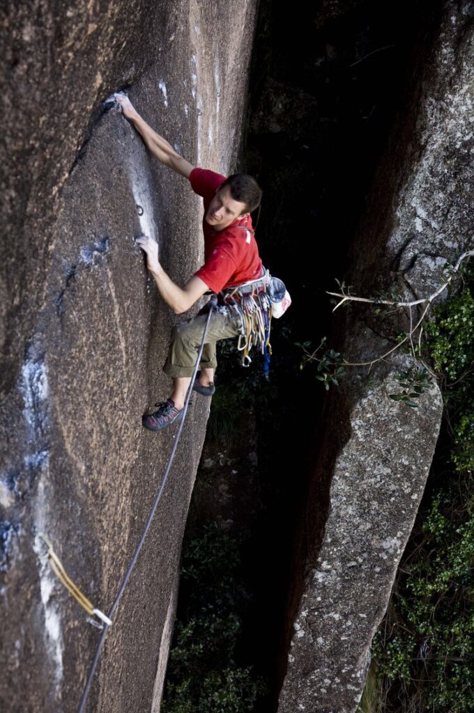 Jack Geldard seconding the second pitch of Yellow Fever (7c max, 220m) on Lemur Wall on the first ascent.