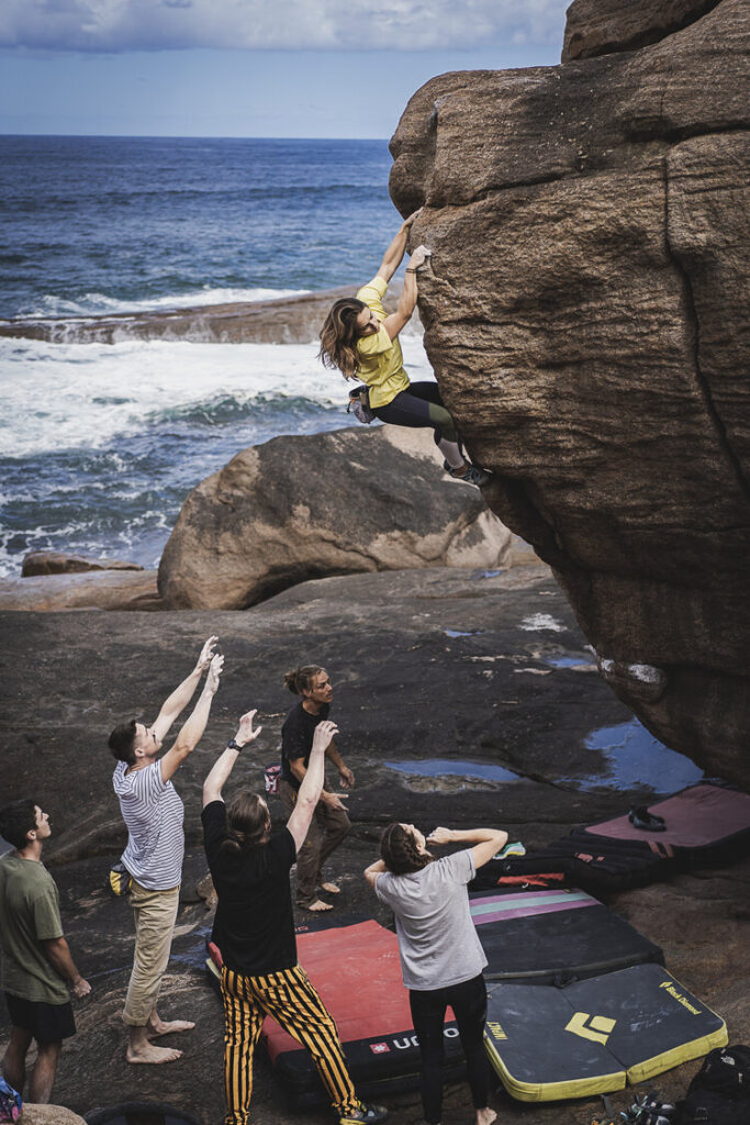Misha McCartney climbing one of the highball V3s on offer at Whaleback boulders. One of the best you’ll find at the grade.