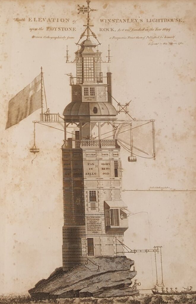 Drawing of Henry Winstanley’s original lighthouse on the Eddystone Reef by Jaaziell Johnston and John Smeaton, 1813. (State Library of New South Wales / public)