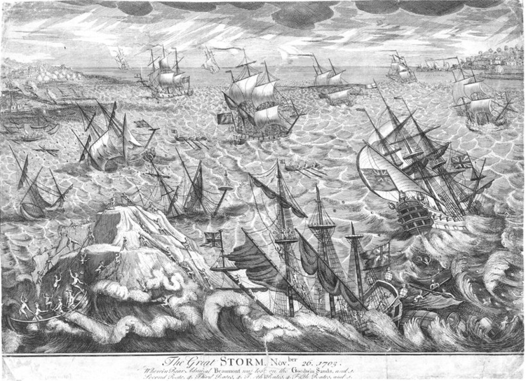 A depiction of the wider destruction of the Great Storm of 1703 in the English Channel. At least 1500 sailors were lost on the Goodwin Sands (shown in the painting) including Rear Admiral Beaumont, and historians estimate 8000- 15000 people were killed in the storm in total. (Unknown author / public)