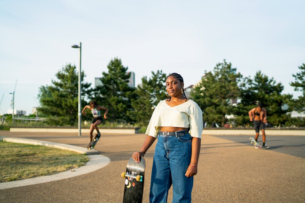 Christana lives in East London, UK and is part of the Melanin Skate Gals and Pals. She skates here at Queen Elizabeth Park, Stratford.