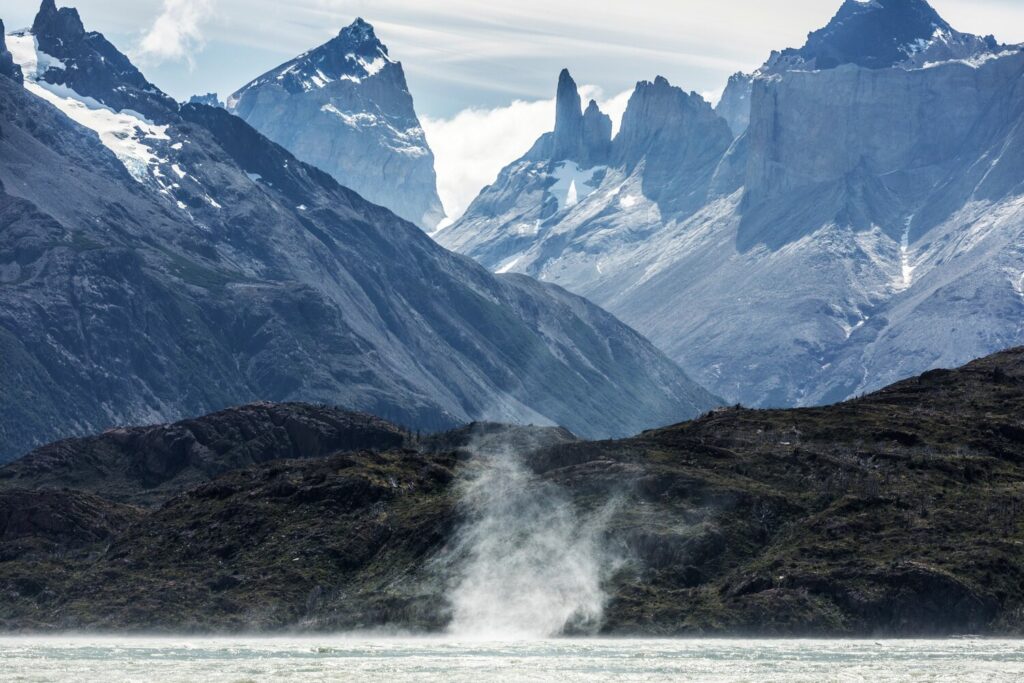 Spindrift (Rafagas in Spanish) on Lago Grey, directly underneath the Towers of Paine.