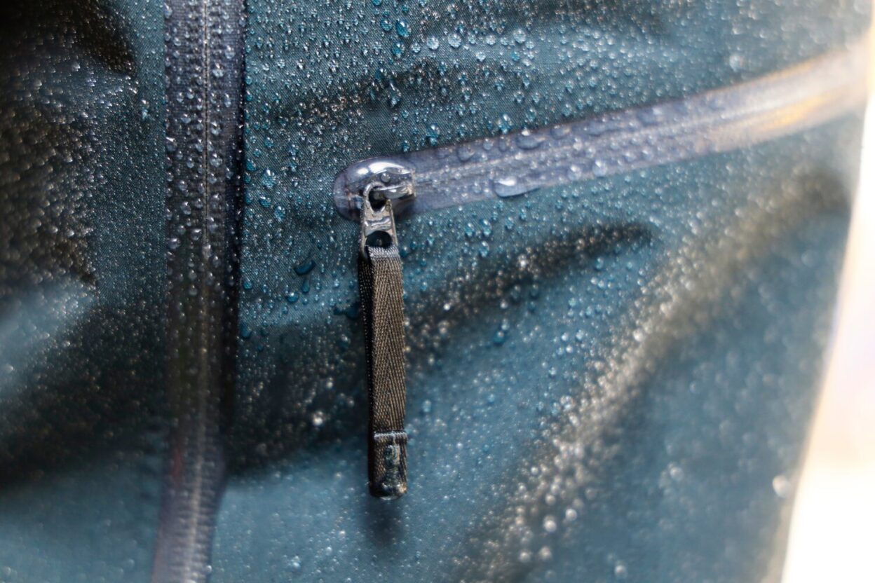 The extraordinary waterproof performance of modern technical fabrics can be clearly seen in this close-up image of a pair of Arc’teryx Beta AR pants © David Pickford