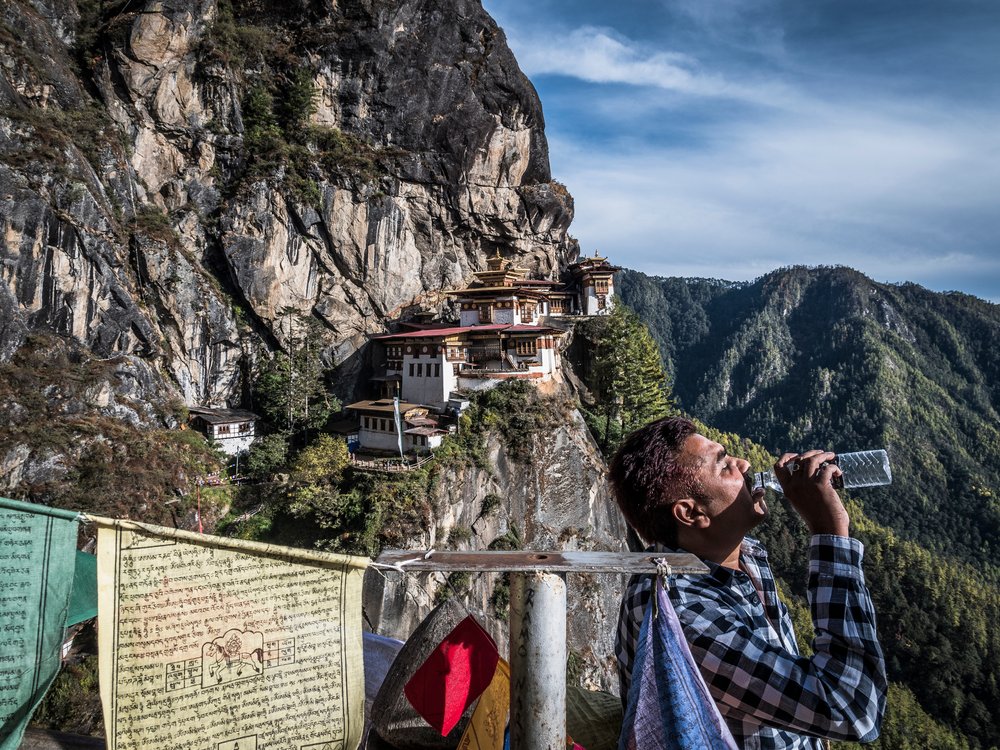 The Tigers Nest monastery, or Paro Takstang, is Bhutan’s most iconic landmark. While the bike team ascended the back of its mountain to its summit, before descending to the 3120m high monastery, most tourists puff up the steep 500 vertical metre climb from a car park, unaware of the tough challenge they face.
