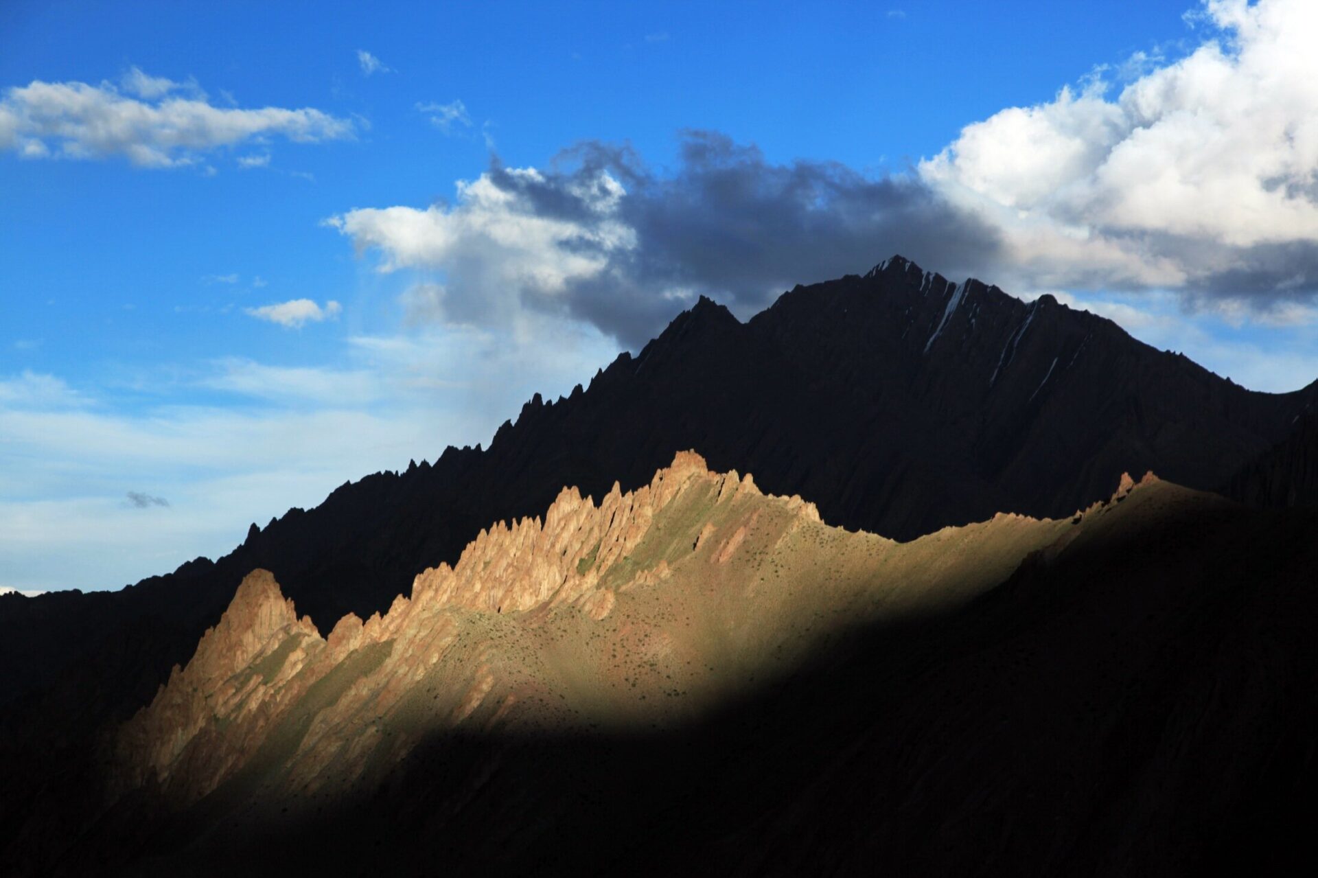 Two ridges highlighted by the falling sun, above Stok village, north Zanskar.