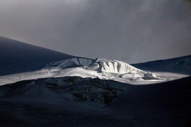 A large and impressive serac [an ice cliff] high on the Karatchaou glacier under the summit of Mount Elbrus.