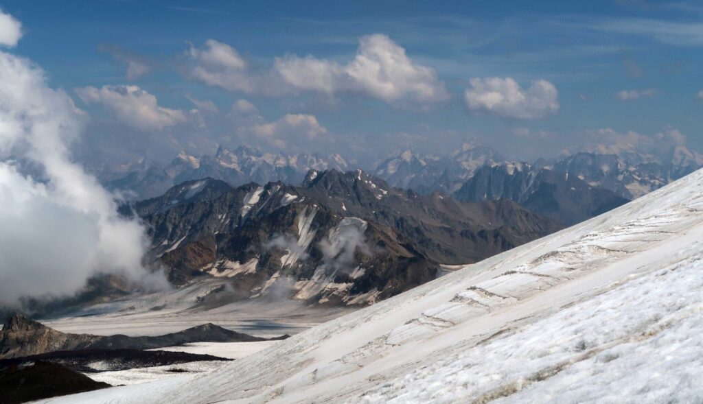 Looking east across the high Caucasus from the slopes of the Bourbzalitchiran glacier.