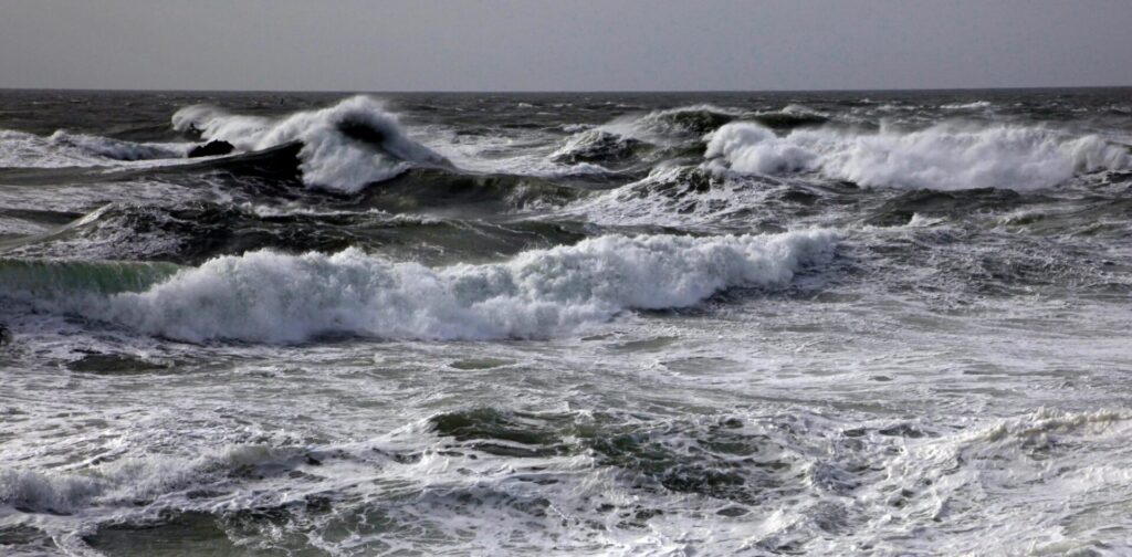 The wild tide race off Morte Point at the western extremity of North Devon’s Exmoor Coast in a Force 8 easterly gale, with the 4 knot ebb current running at full tilt. In local Devonian lore, Morte Point is ‘the place that God made last and the Devil will take first’, due to the numerous shipwrecks and fishing boat accidents that have occurred on the point. Unusually, there in no ‘inshore passage’ [an area of calmer water immediately offshore] off Morte Point, and the tide race breaks directly on the rocks. Not a place to be in wrong conditions, or without knowing which way the tide is flowing. © David Pickford